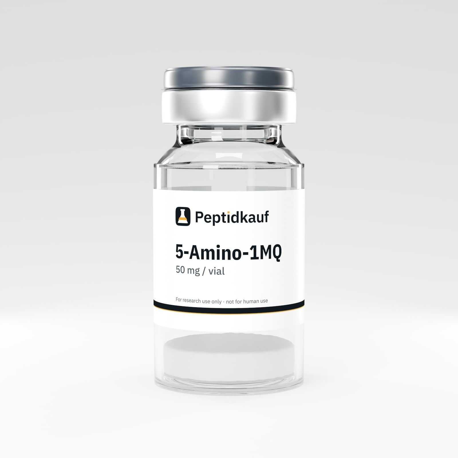 5-Amino-1MQ 50 mg Vial mit Peptidkauf-Etikett und Chargennummer