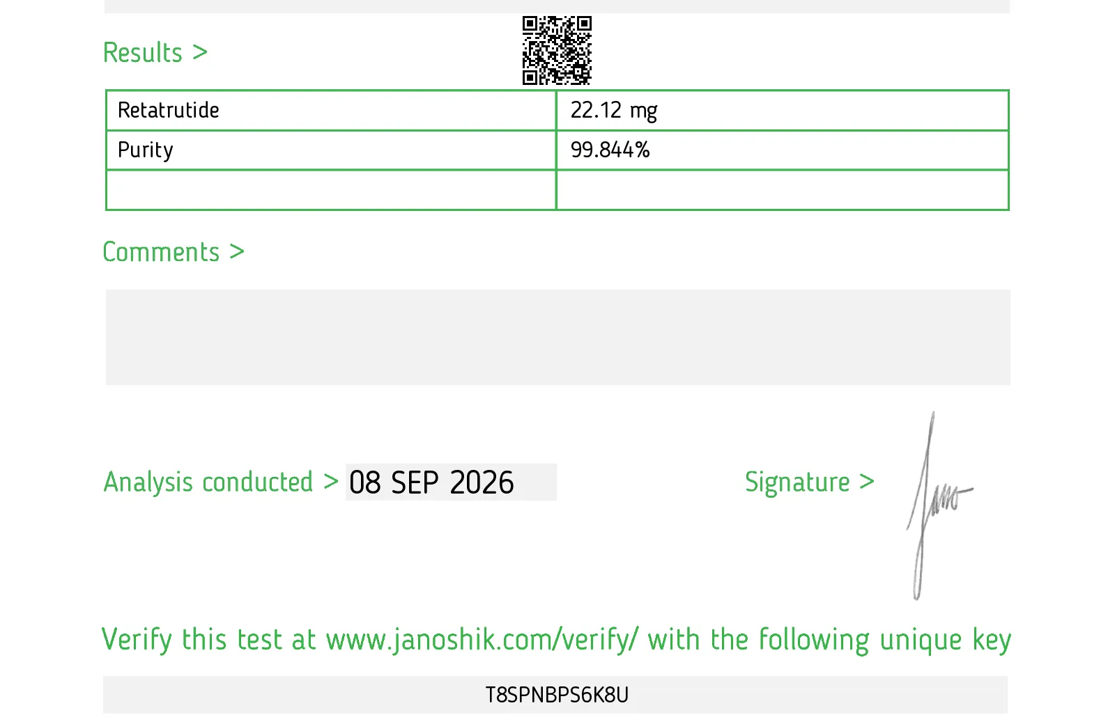 Results of the Janoshik report for batch C208: Retatrutide 22.12 mg, purity 99.844 %, analysed 8 Sep 2026, key T8SPNBPS6K8U