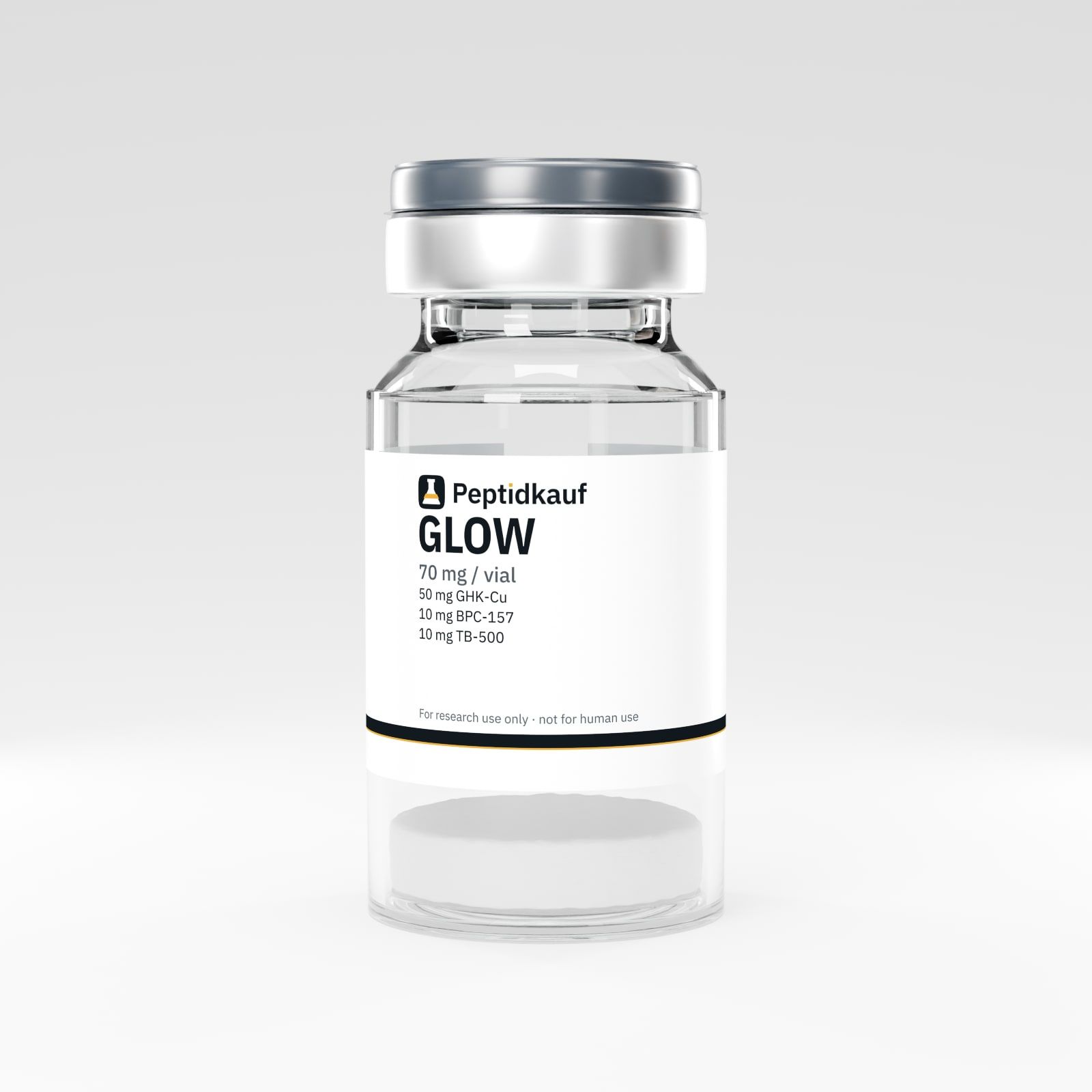 GLOW 70 mg Vial mit Peptidkauf-Etikett und Chargennummer