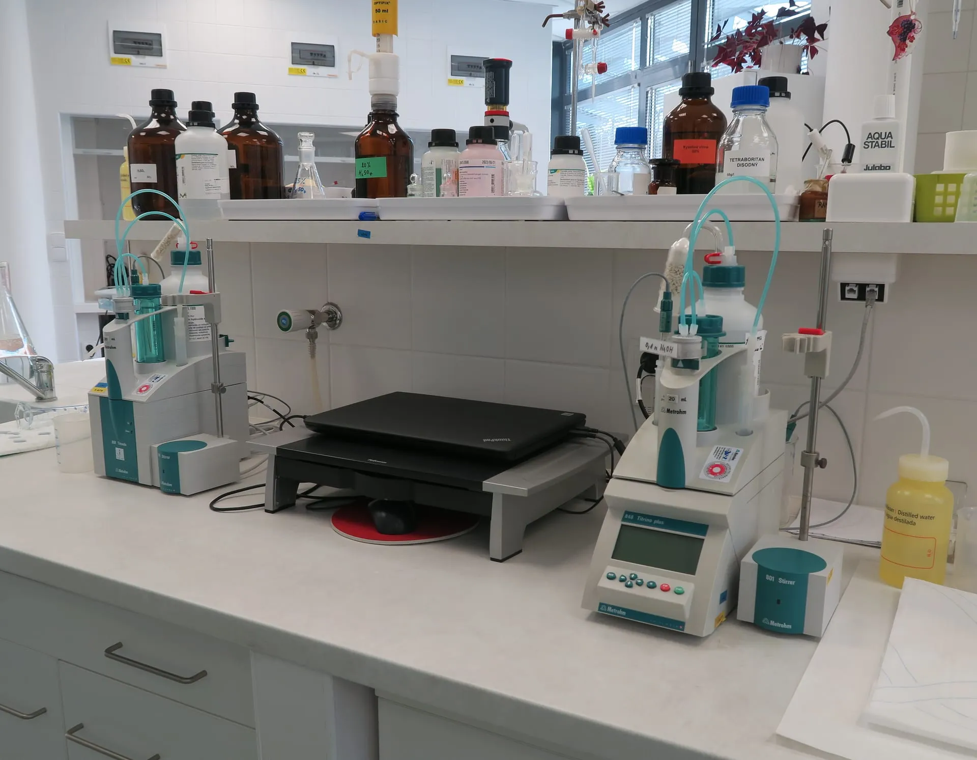 Laboratory bench with glassware