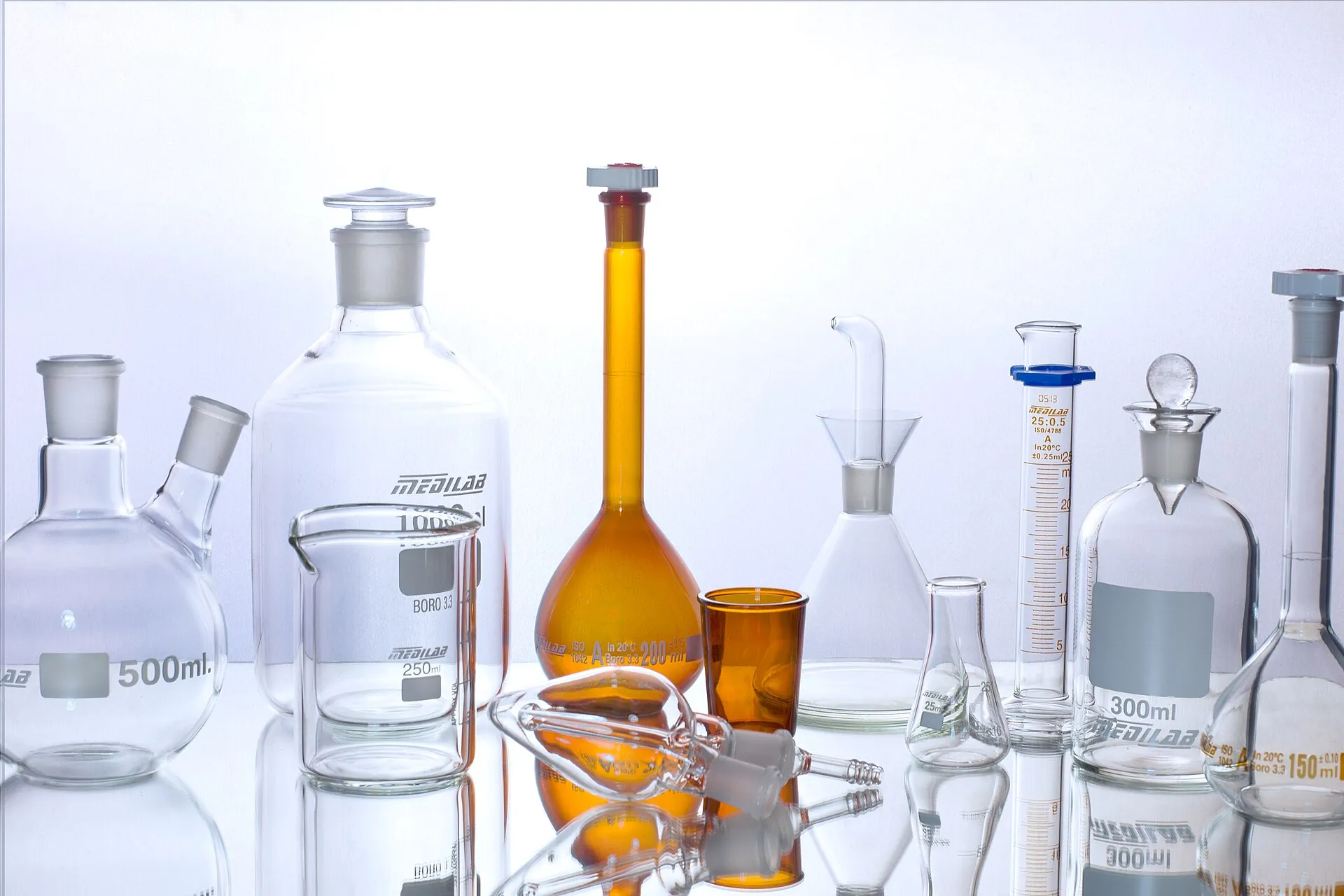 Laboratory glassware on a bench