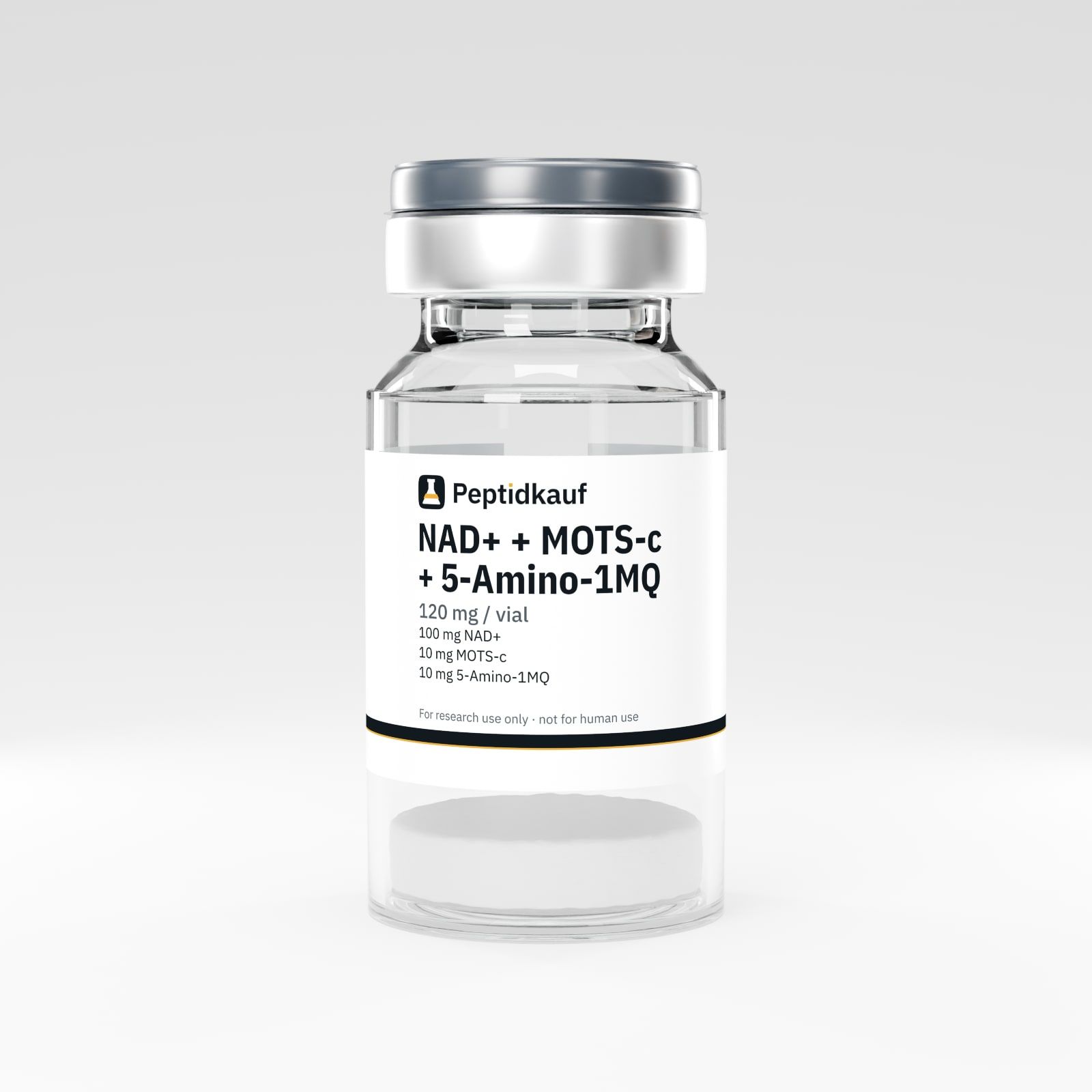 NAD+ + MOTS-c + 5-Amino-1MQ 120 mg Vial mit Peptidkauf-Etikett und Chargennummer